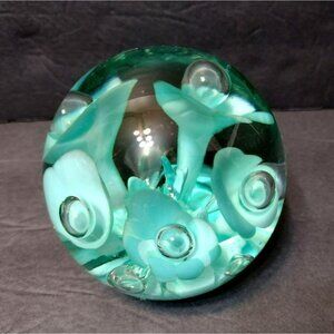 Large Joe St Clair Glass Paperweight Aqua Ice Pick Flowers Signed Floral Design